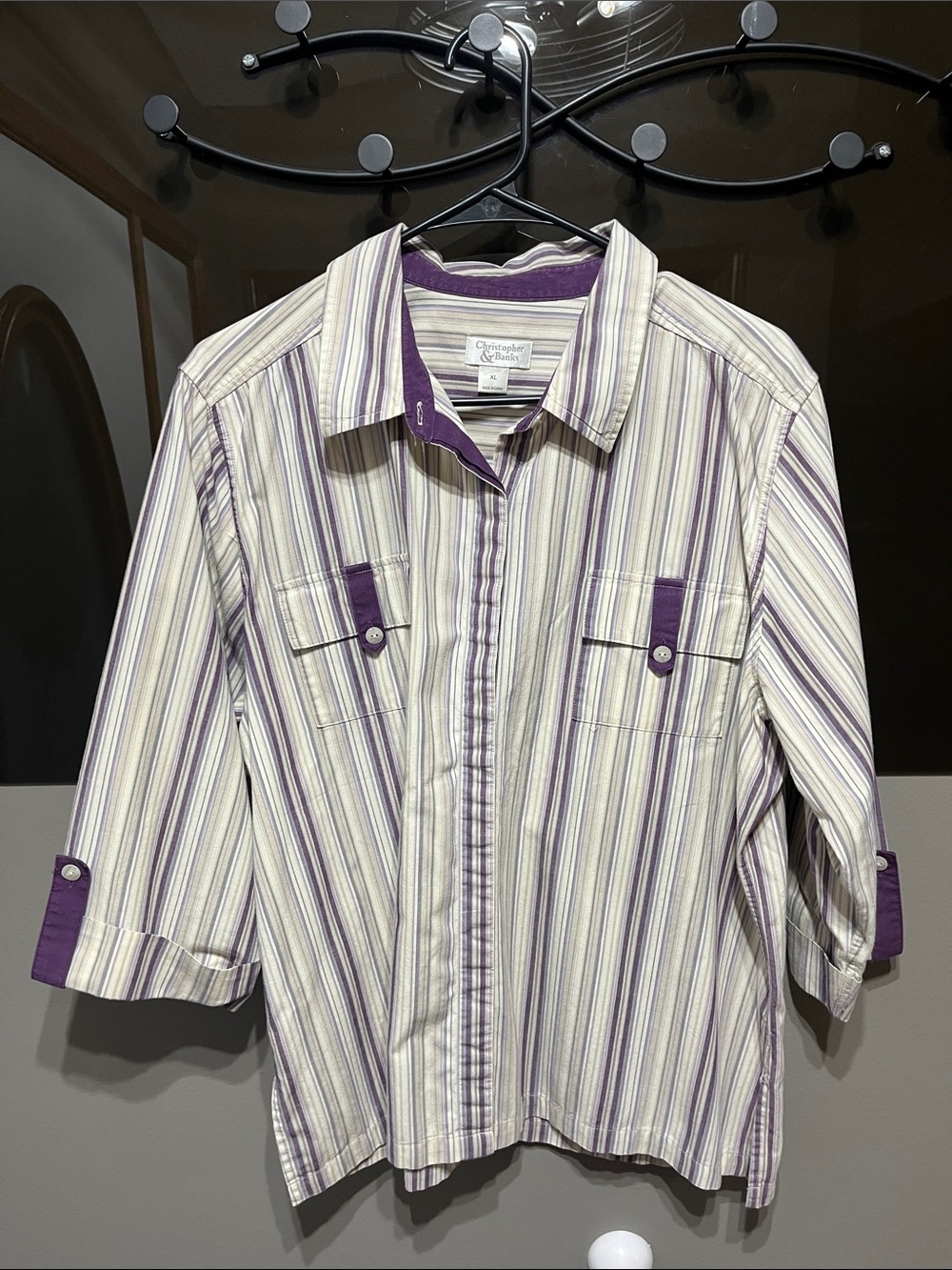 Christopher & Banks Cream Shirt with Lavender and Purple Stripes